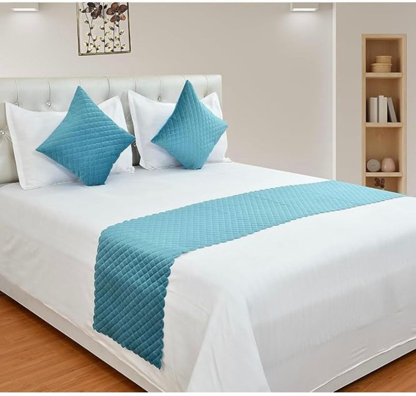 EXOTICE Velvet King Sized Bedding Set(Sky Blue, 2 Cushion cover, 1 bed runner)