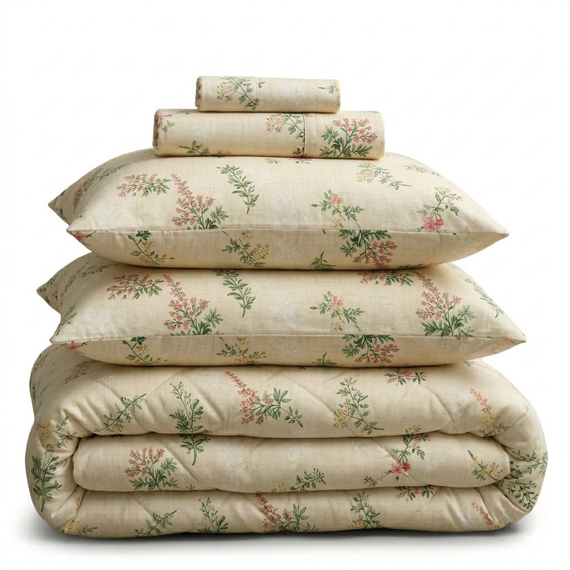 Indian Weavers home store Cotton Double Sized Bedding Set(Beige , Green, 1 Bedsheet 2 Pillow)
