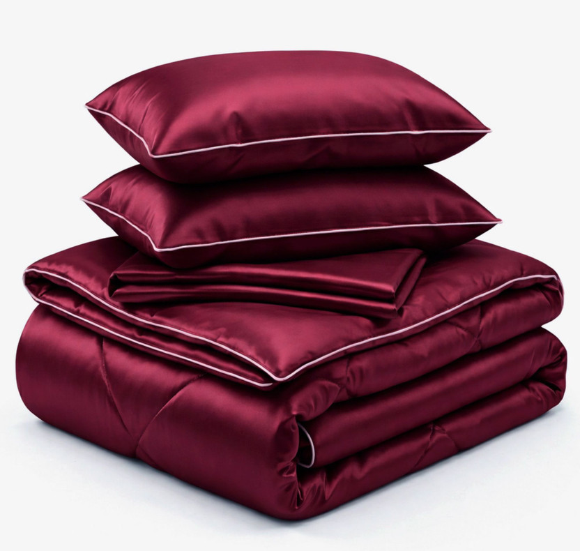 SANMARINO Satin King Sized Bedding Set(Wine Maroon, 1 Comforter, 1 Fitted Bedsheet, 2 Pillow Cover)