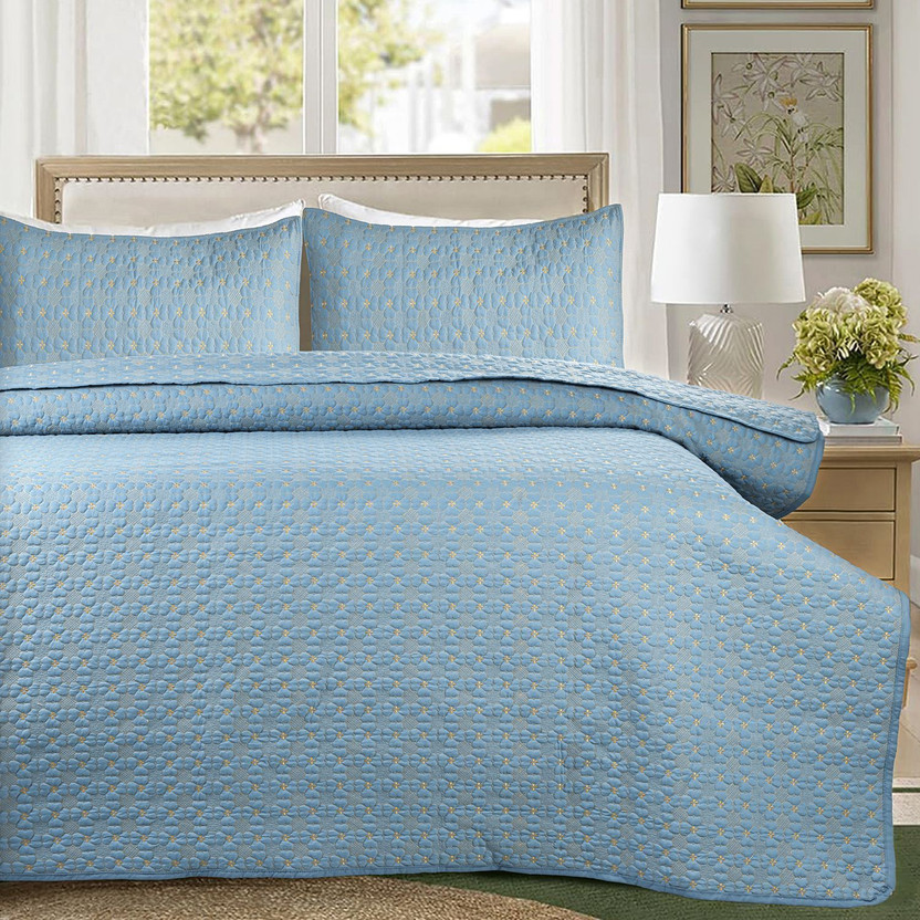 SANMARINO Cotton King Sized Bedding Set(Sky blue, 1 Pcs Quilted Bedspread With 2 Pillow Cover)