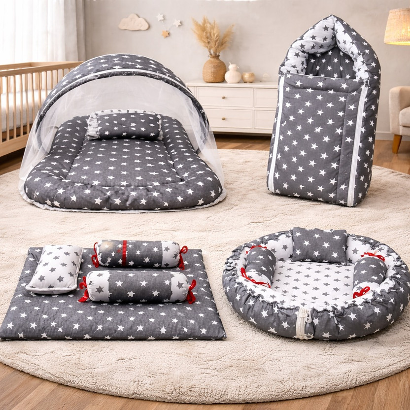 MOM & SON Cotton Baby Bed Sized Bedding Set(Grey Star, Baby sleeping bag, Baby Mosquito Net, Baby Gadda with Pillow, Baby Round Nest (TUB))