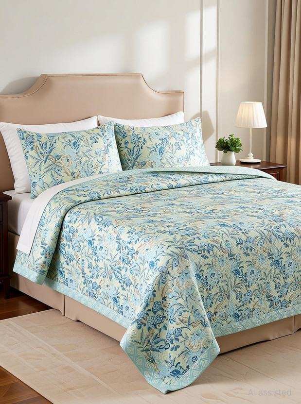 VAS COLLECTIONS Cotton King Sized Bedding Set(Light Green, 1 Bedcover With 2 Pillows Covers)