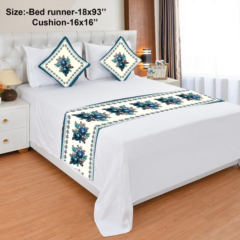 EXOTICE Jacquard, Velvet King Sized Bedding Set(White, Sea Green, 2 Cushion Cover, 1 Bed Runner)