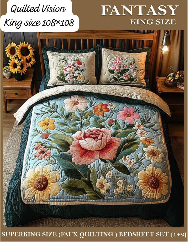 goangel Cotton King Sized Bedding Set(Multicolor, 1 Quilted Bed Sheet with 2 Pillow Covers)