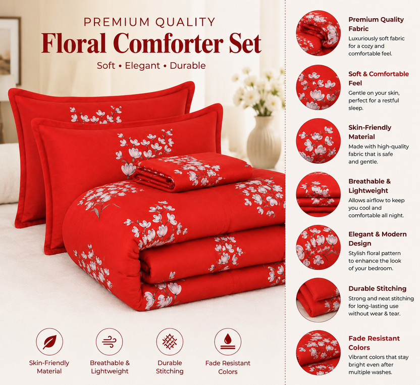 KARIDH Cotton Double Sized Bedding Set(BEDDING SET-RED LILY, 4pcs Bedding Set | 1 Comforter | 1 Double Bed Sheet | 2 Pillow Covers), Complete 4pcs Bedding Set)
