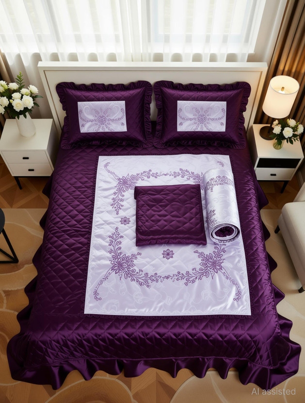 PRISHAA Satin Queen Sized Bedding Set(Purple, 1 Bedsheet, 2 Pillow Cover)