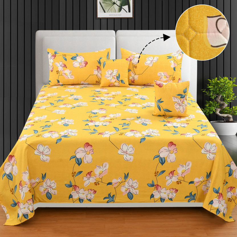 JAI BUN Cotton, Microfiber Double Sized Bedding Set(Yellow, Elegant Best Quality Glace Cotton Beautiful 5 Piece Bedding Set , 1 Pc Double Bedsheet 90 " x 100 " , 2 Pcs Quilted Cushion Covers With Zipper and Filler , 2 Quilted Pillow Covers, Pink)