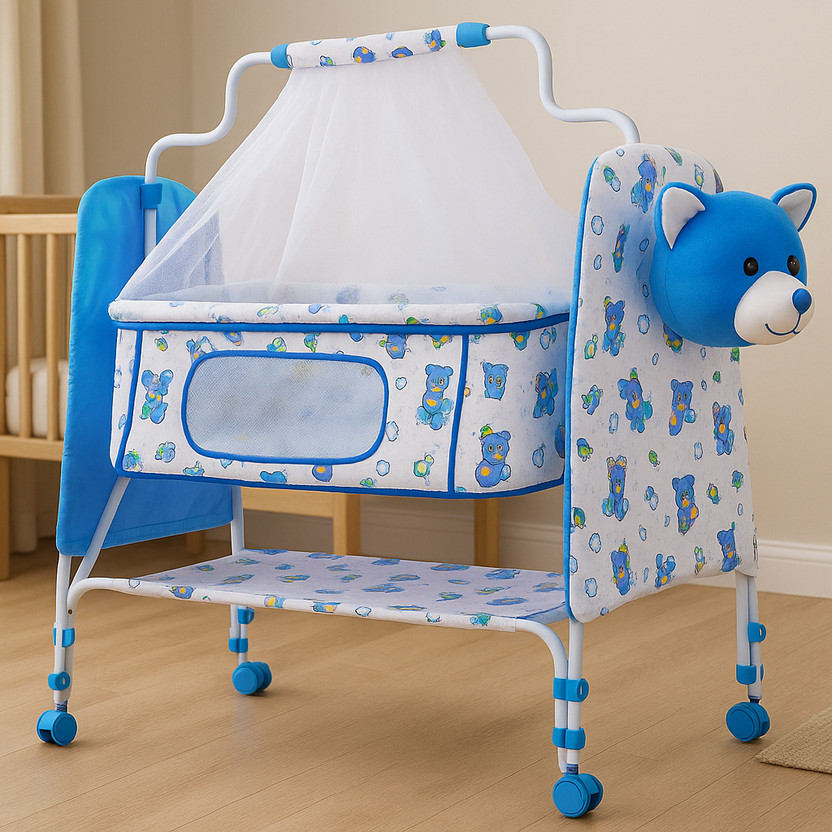 Pandaoriginals BEST QUALITY BABY CRADLE |Jhula Cute Panda Face WITH SWING LOCK FUNCTION(Blue, White)
