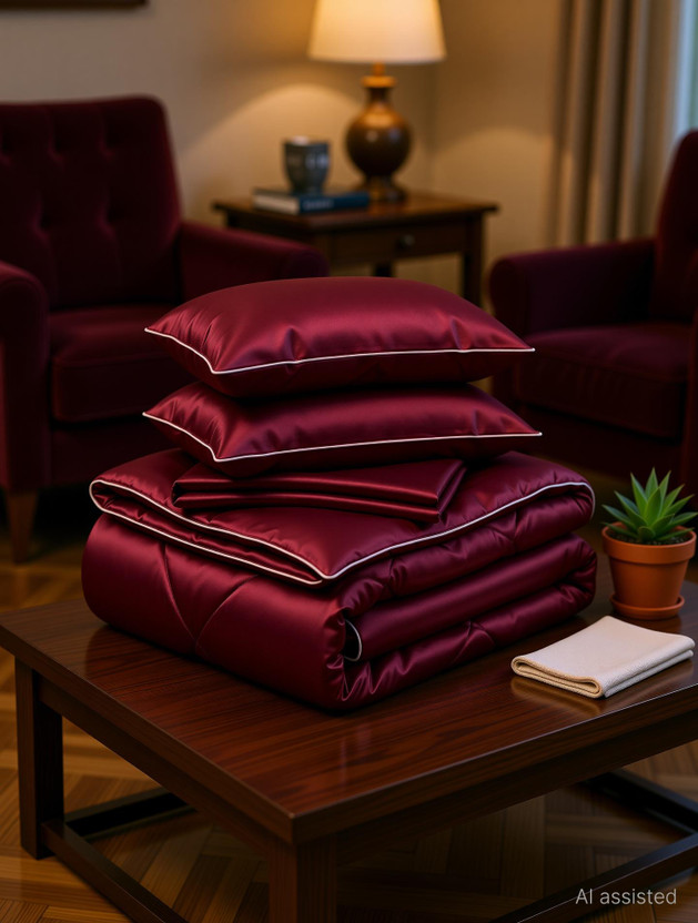 SANMARINO Satin King Sized Bedding Set(Wine Maroon, 1 Comforter, 1 Bedsheet, 2 Pillow Cover)
