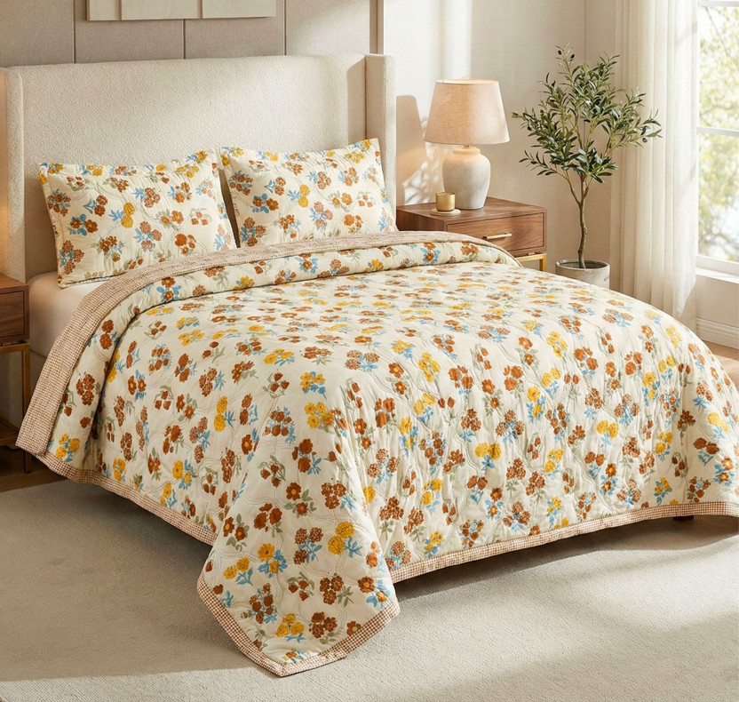 BSB HOME Cotton Double King Sized Bedding Set(Beige & Yellow, 1 King Size Bed Cover, 2 Pillow Covers)