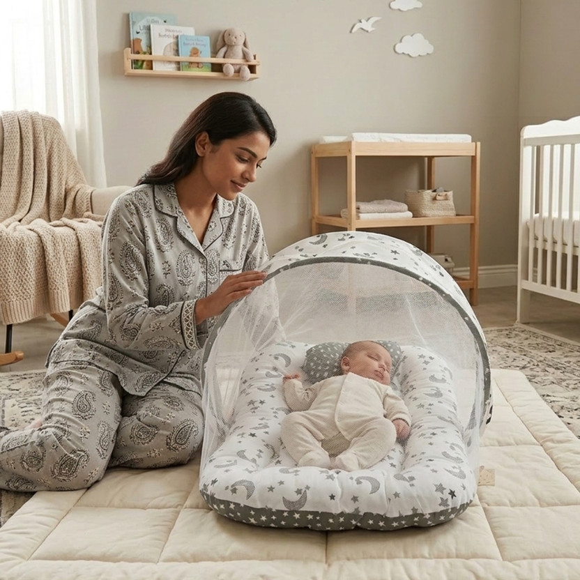 Miss & Chief by Flipkart Cotton Baby Bed Sized Bedding Set(Grey, 1 Mosquito Net Bed, 1 U-Shape Pillow)