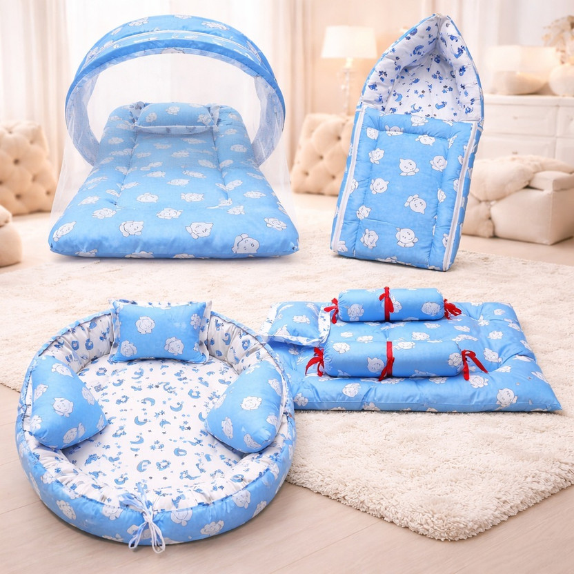 MOM & SON Cotton Baby Bed Sized Bedding Set(Blue, Baby Sleeping Bag, Mattress With Net, Baby Gadda Pillow and Bolsters Set, Baby Round Nest with Pillow, Bolsters set)