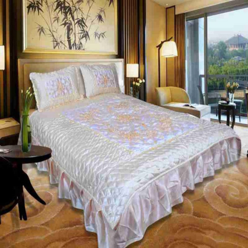 Flyrra Satin Double King Sized Bedding Set(Cream_3Pcs_VIP_BeddingSet, 1 Bedsheet, 2 Pillow Cover)