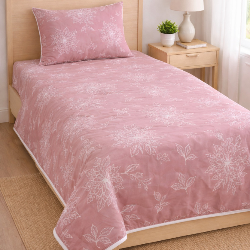 Haboo Cotton Single Sized Bedding Set(Pink, 1bedsheet, 1pillowcover)