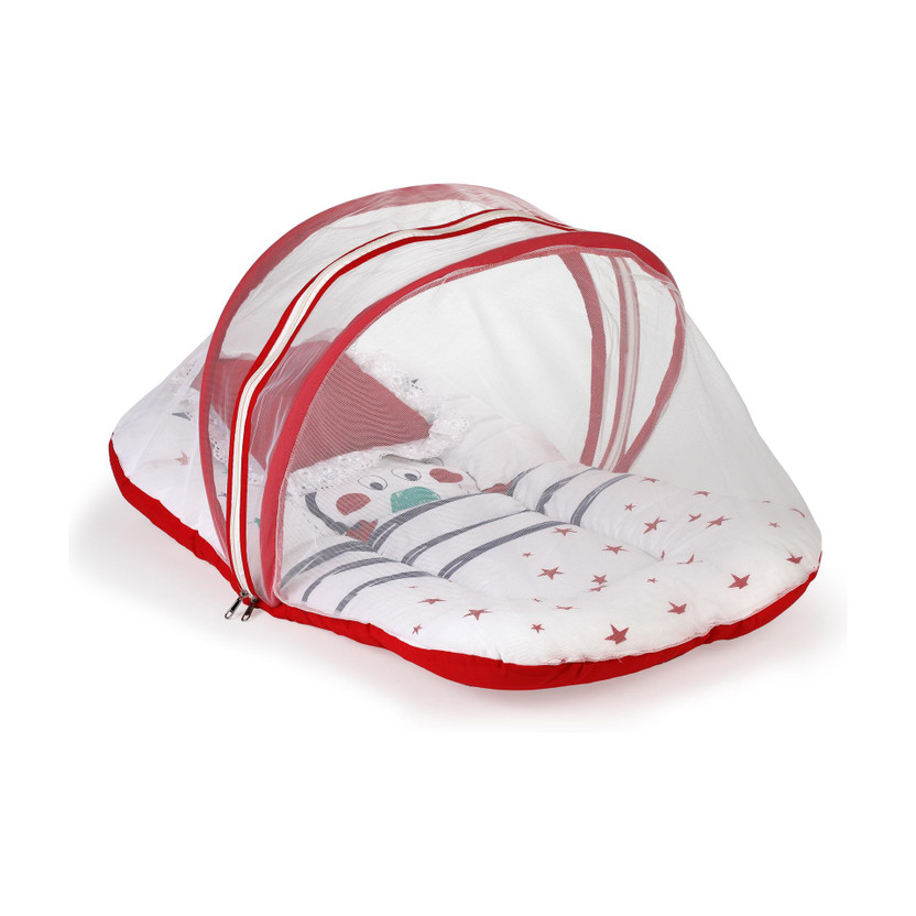 LuvLap Mosquito Net with Zip Closure & Neck Pillow Cotton Baby Bed Sized Bedding Set(White & Red, 1)