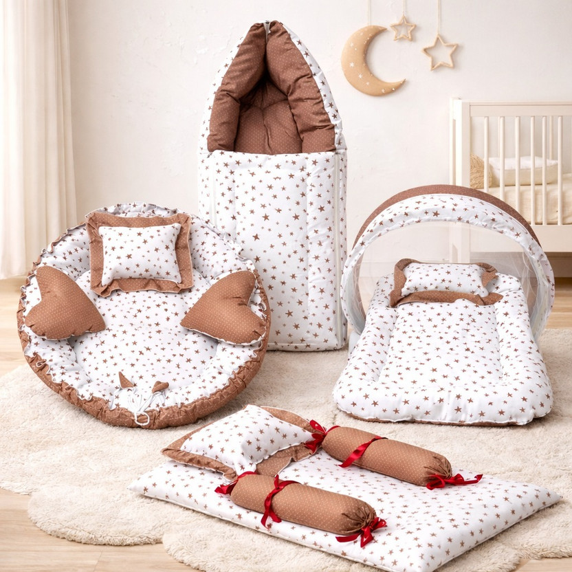 MOM & SON Cotton Baby Bed Sized Bedding Set(Brown Dot, Baby sleeping bag, Baby Mosquito Net, Baby Gadda with Pillow, Baby Round Nest (TUB))