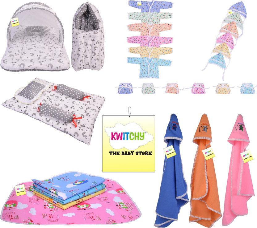 Kwitchy Kwitchy Baby Products All Gifts Set for New Born Bedding & Clothing Combo standard Crib(Fabric, Grey) - Flipkart Deal