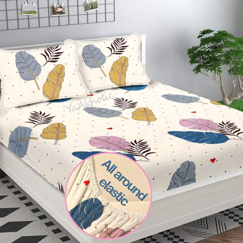 YaAkholic Cotton Double Fitted (Elastic) 260 TC Printed 1 Bedsheet with 2 Pillow Covers(Multicolor)
