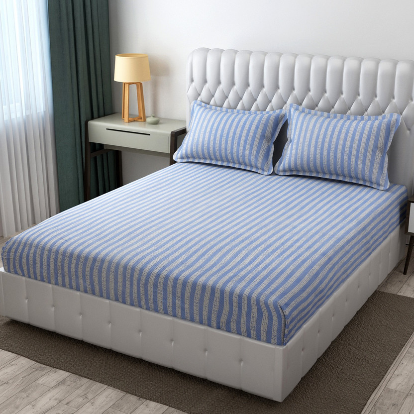 TINDLER TINDLER KNOTS Cotton Queen Fitted (Elastic) 300 TC Printed 1 Summer Bedsheet with 2 Pillow Covers(Light Blue) - Flipkart Deal