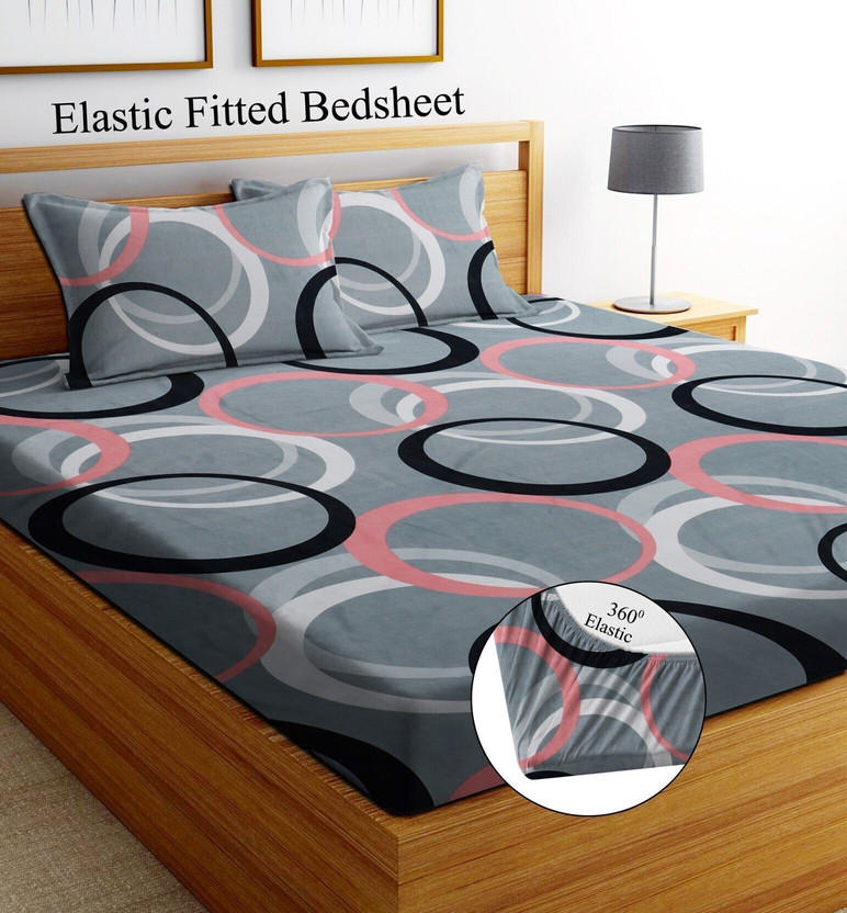 Home Garage Cotton King Fitted (Elastic) 300 TC Self Design 1 Bedsheet with 2 Pillow Covers(Grey)