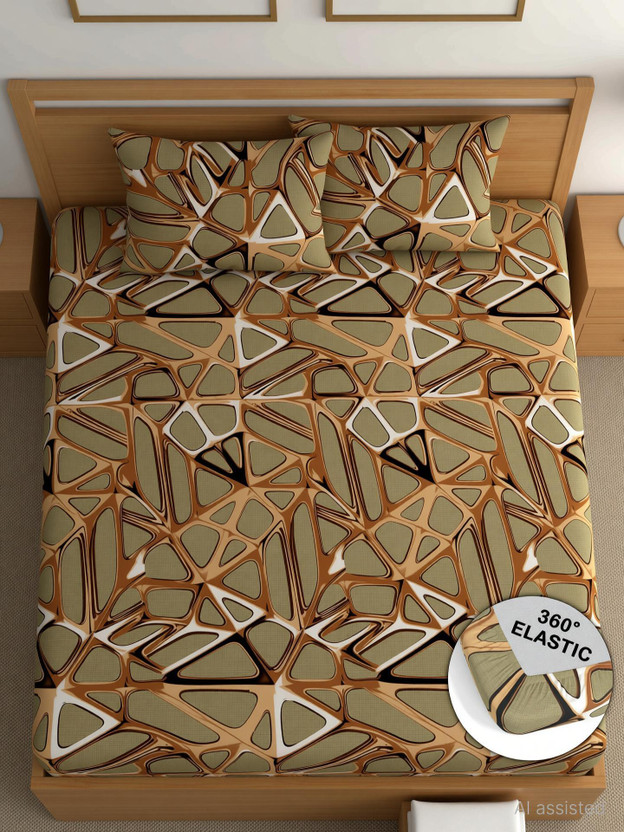CG Homes Cotton King Fitted (Elastic) 180 TC Printed 1 Bedsheet with 2 Pillow Covers(Golden)