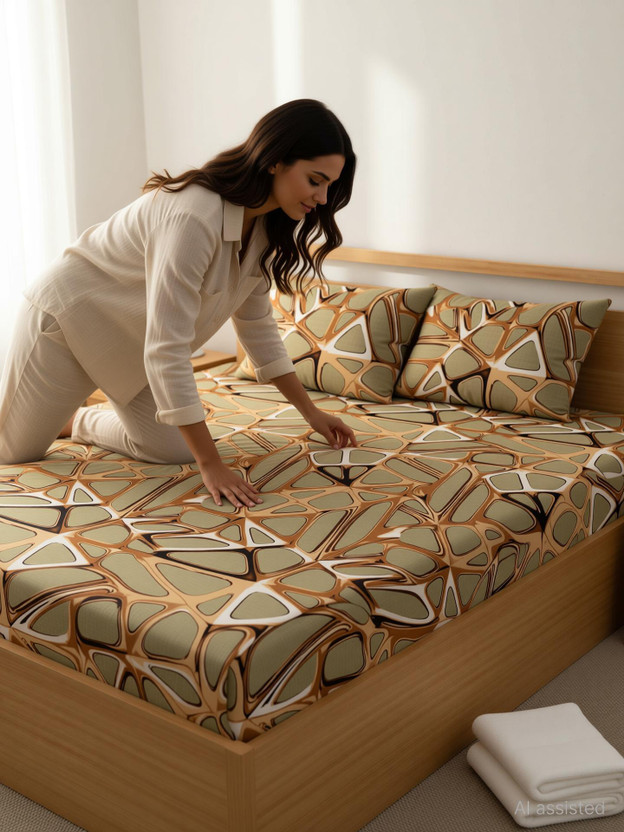 CG Homes Cotton Double Fitted (Elastic) 180 TC Printed 1 Bedsheet with 2 Pillow Covers(GOLDEN, Brown)