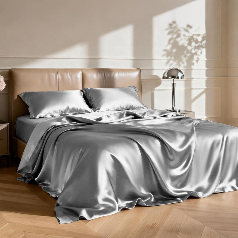 pure eco Silk Single Flat 400 TC Solid 1 Bedsheet with 2 Pillow Covers(Silver Grey)