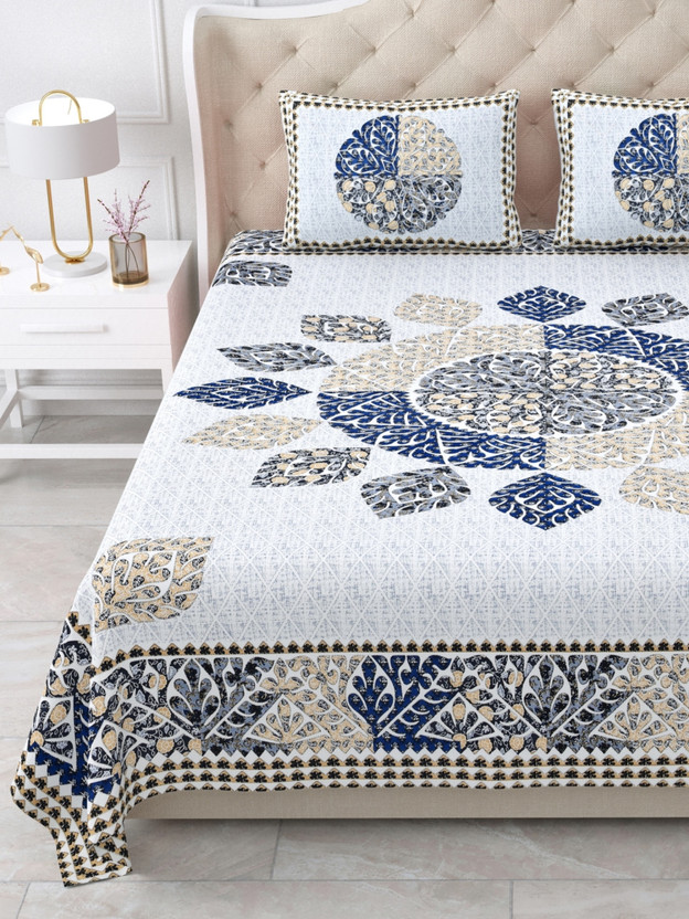 KUVAS Cotton King Flat 260 TC Printed 1 Bedsheet with 2 Pillow Covers(Grey)