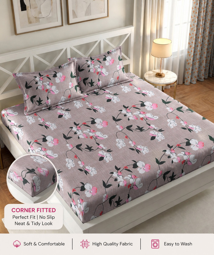 IWS Cotton Double Fitted (Elastic) 144 TC Floral 1 Bedsheet(Multicolor)