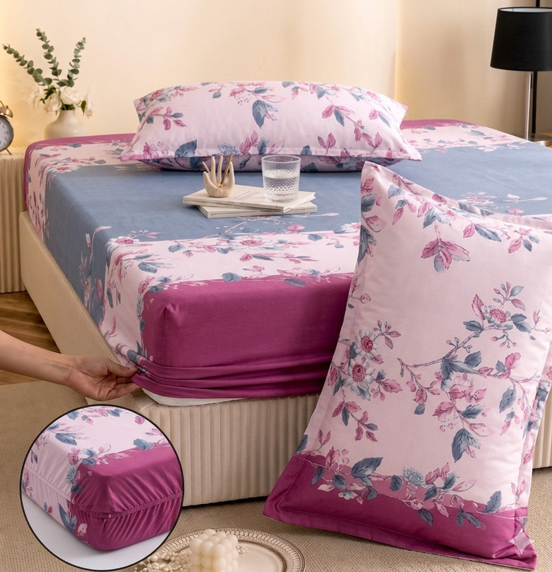 YaAkholic Cotton King Fitted (Elastic) 242 TC Printed 1 Summer Bedsheet with 2 Pillow Covers(Blue, Pink)