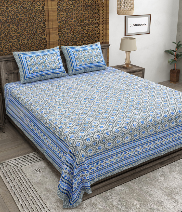 CLOTHOLOGY Cotton King Flat 240 TC Jaipuri Prints 1 Bedsheet with 2 Pillow Covers(Indigo, Ice Blue, Cool Grey)