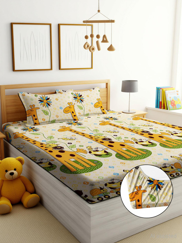 EXFAB Cotton King Fitted (Elastic) 244 TC Cartoon 1 Bedsheet with 2 Pillow Covers(Badam)