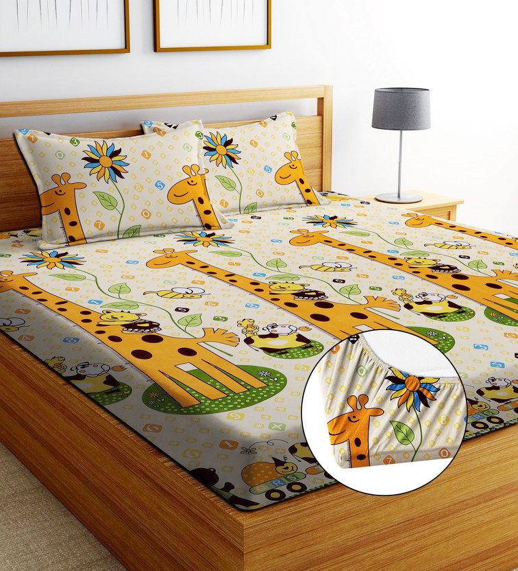 EXFAB Cotton King Fitted (Elastic) 244 TC Cartoon 1 Bedsheet with 2 Pillow Covers(Badam)