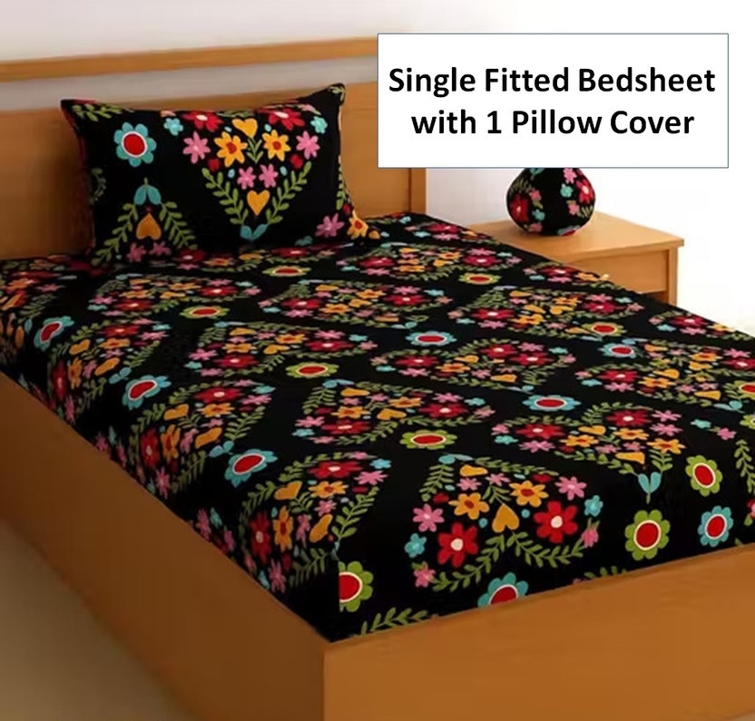AMEYAA AMEYAA Cotton Single Fitted (Elastic) 320 TC Floral 1 Bedsheet with 2 Pillow Covers(Black Heart) - Flipkart Deal