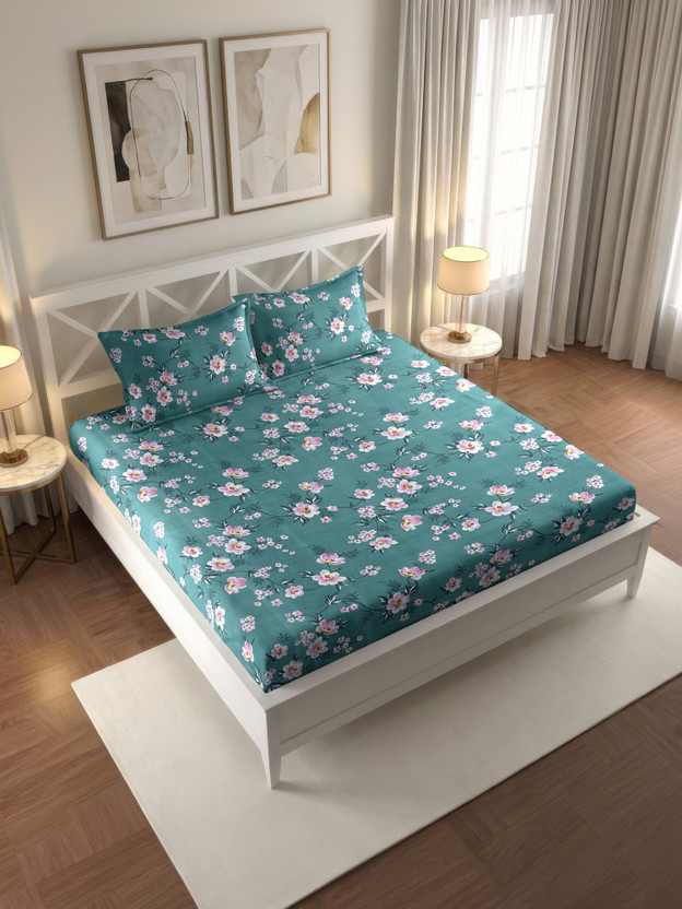IWS Cotton Double Flat 144 TC Floral 1 Bedsheet(Green, Multicolor)