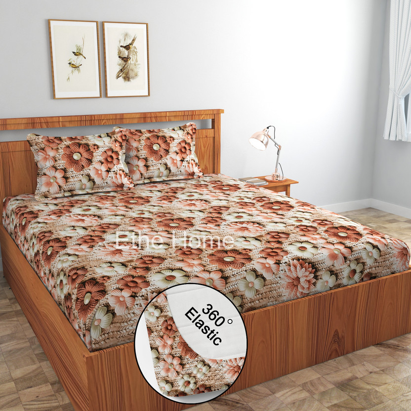 Ethe Home Cotton King Fitted (Elastic) 320 TC 3D Printed 1 Bedsheet with 2 Pillow Covers(7-D-BEDSHEET_14)