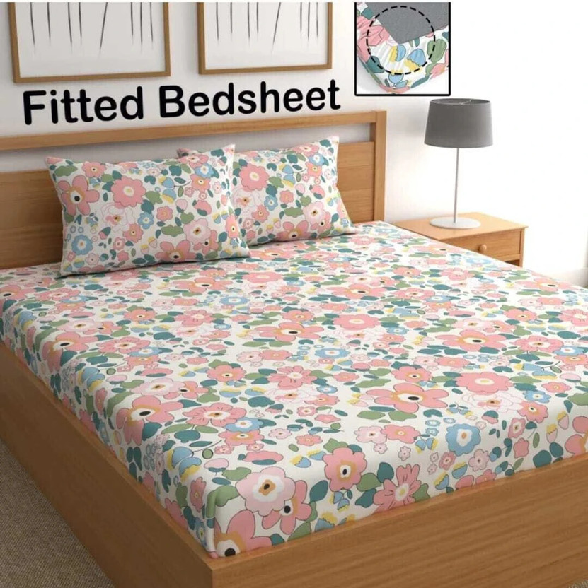 Decent Home Cotton Double Fitted (Elastic) 240 TC Floral 1 Bedsheet with 2 Pillow Covers(Pink)