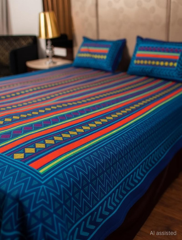 omkar Cotton Double Flat 280 TC Floral 1 Bedsheet with 2 Pillow Covers(Blue)