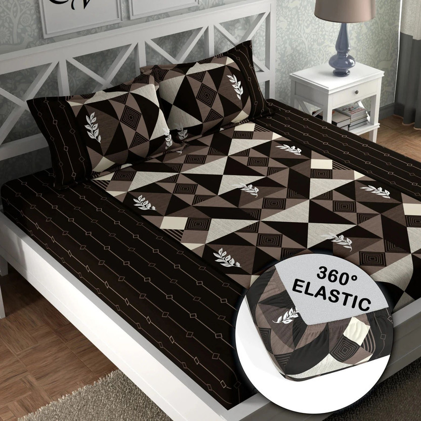 CG Homes Cotton Double Fitted (Elastic) 180 TC Printed 1 Bedsheet with 2 Pillow Covers(Brown)