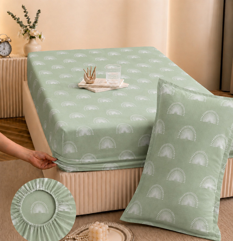 YaAkholic Cotton Single Fitted (Elastic) 242 TC Printed 1 Summer Bedsheet(Green, White)