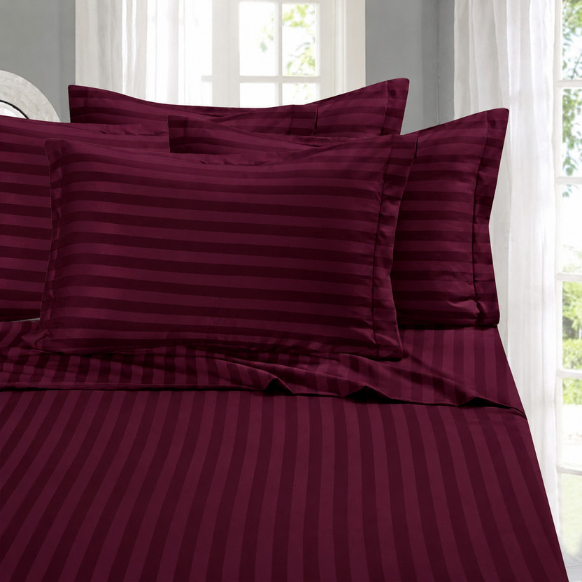 COZY QUEEN Cotton King Flat 350 TC Striped 1 Summer Bedsheet with 2 Pillow Covers(Wine)