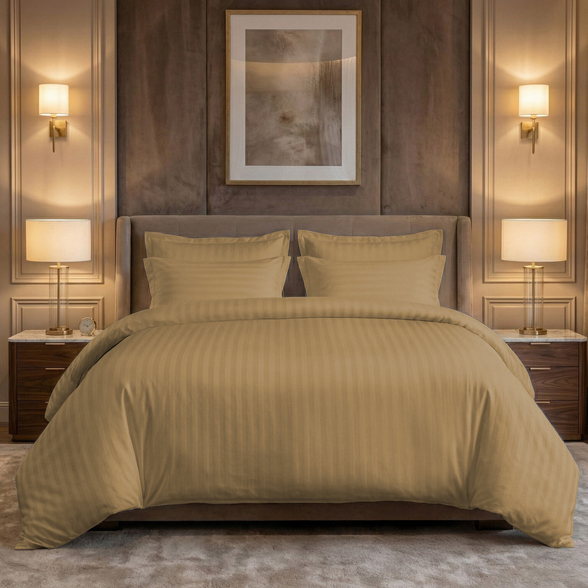 LINENWALAS Cotton Single Fitted (Elastic) 300 TC Striped 1 Bedsheet with 2 Pillow Covers(Beige)