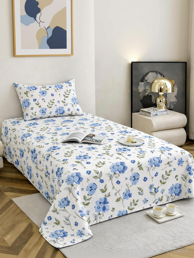 STARnSTYLE Cotton Single Flat 280 TC Floral 1 Bedsheet(White Grey)