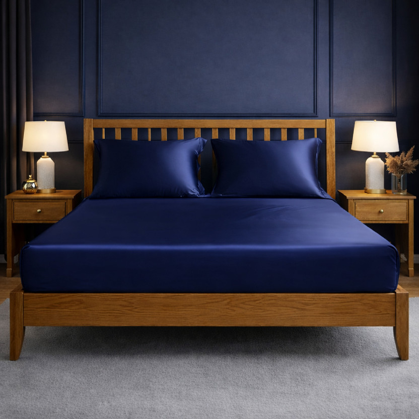 DV Ent Satin, Silk King Fitted (Elastic) 400 TC Solid 1 Bedsheet with 2 Pillow Covers(Navy Blue)