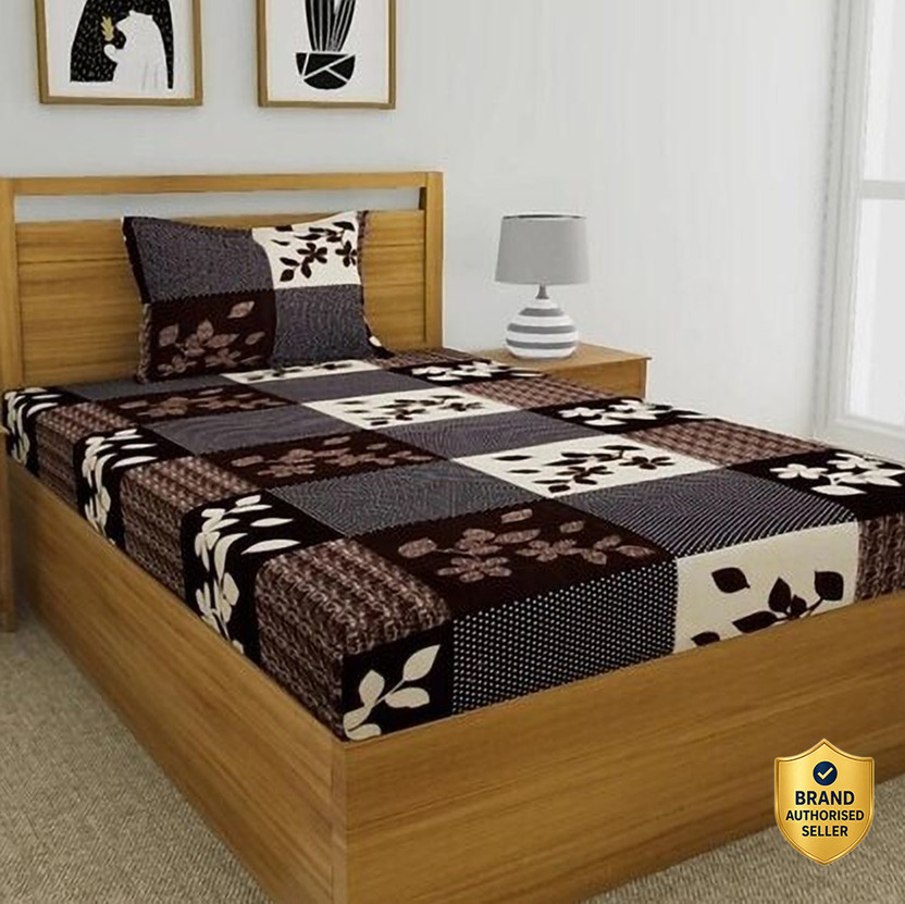 Goodrik Cotton Single Flat 140 TC 3D Printed 1 Bedsheet with 2 Pillow Covers(Brown)