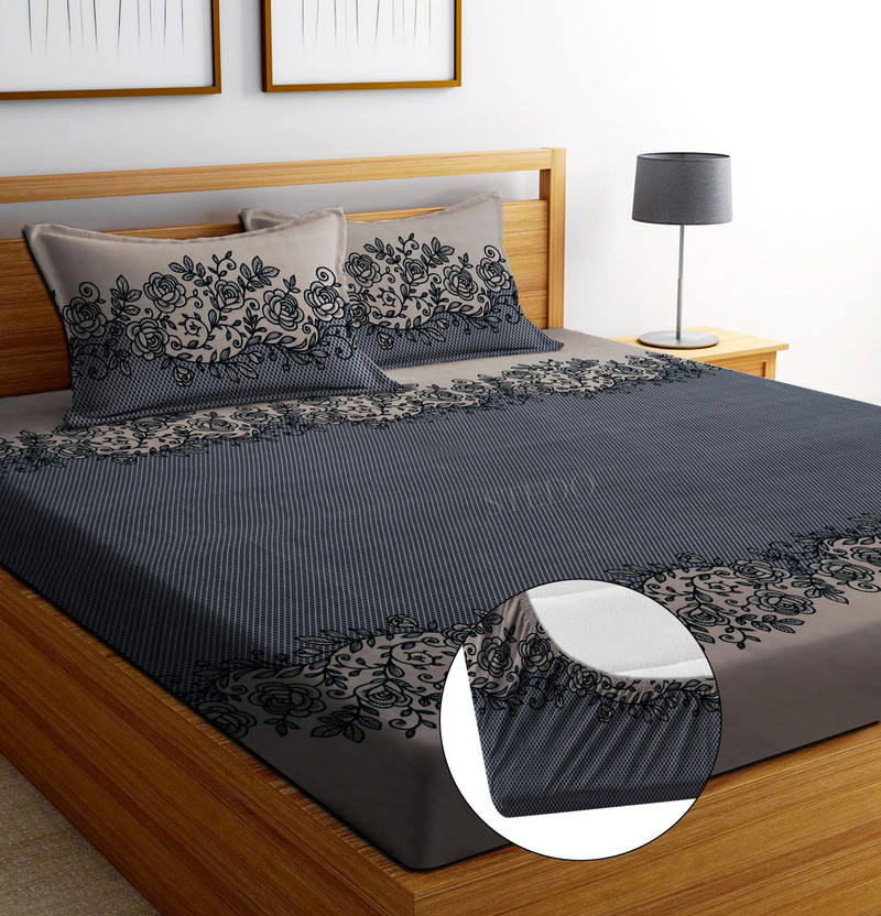 STEDO Cotton Double, King Fitted (Elastic) 250 TC Floral 1 Bedsheet with 2 Pillow Covers(Grey)