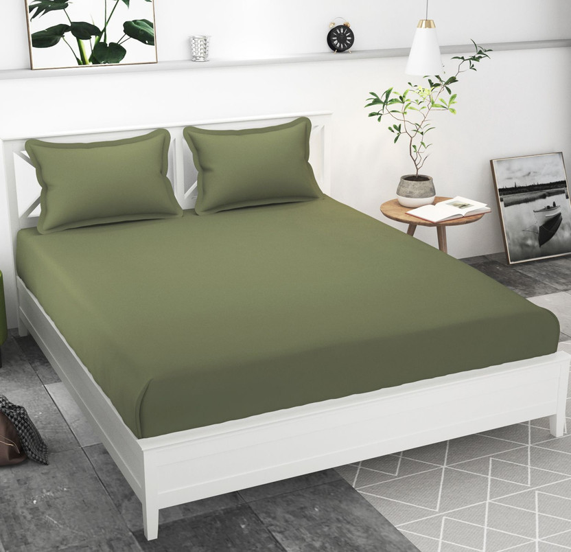 The Little Big Store Microfiber King Fitted (Elastic) 250 TC Solid 1 Bedsheet with 2 Pillow Covers(Olive)