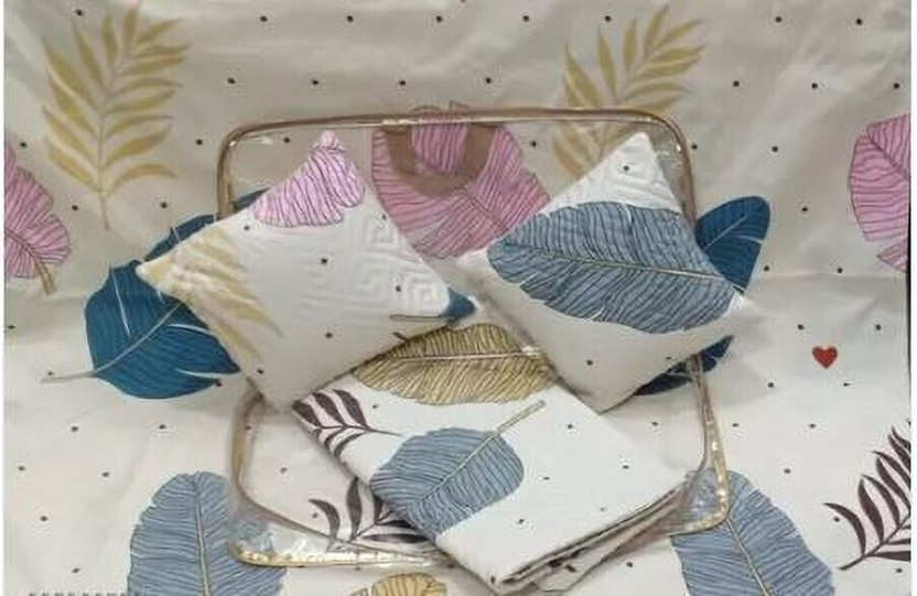 Home Garage Cotton King Flat 230 TC Floral 1 Bedsheet with 2 Pillow Covers, 2 Cushion Covers(Cream)