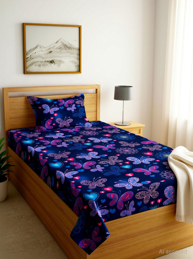 Moonroof Cotton Single Fitted (Elastic) 240 TC Printed 1 Bedsheet with 2 Pillow Covers(Blue Butterfly)