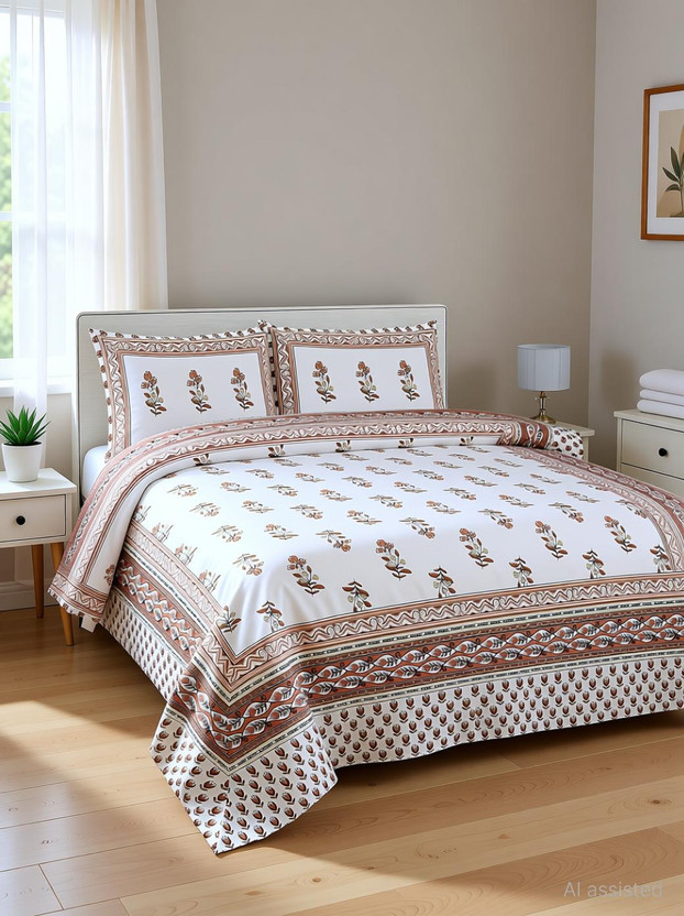 Bombay Spreads Cotton King Flat 180 TC Floral 1 Bedsheet with 2 Pillow Covers(Beige)